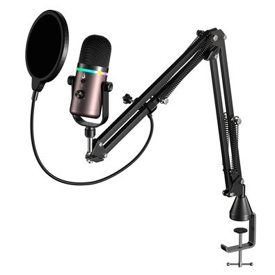 Microfone Gamer Rise Mode Elite 09 com Suporte de Mesa, RGB, USB-C, Preto e Ocre - RM-ME-09-BOC