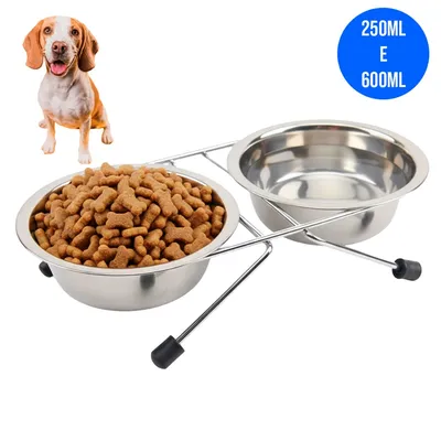 Comedouro Duplo de Inox com Suporte