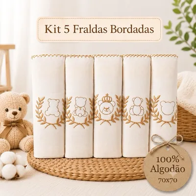 Kit Fralda de Pano Bebê Bordada 70x70
