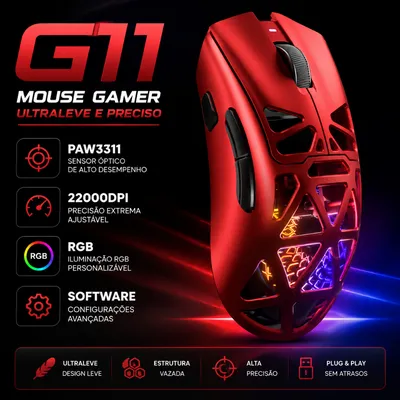 MOUSE Gamer Sem Fio G11 RGB 22000dpi