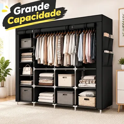 Guarda-Roupa de Tecido Portatil com Capa Anti Poeira Organizador Multicamadas para QuartoGuarda Roupa Dobrável Organizad